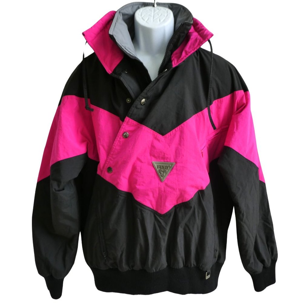 Vintage Fera Skiwear Mens Insulated Jacket Black Neon Pink Colorblock Chevron